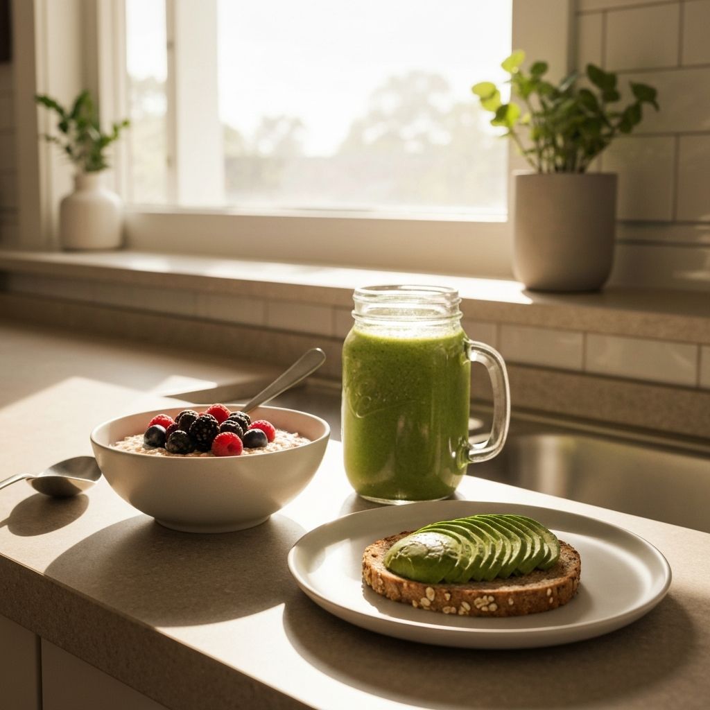 Gesundes Fruehstueck auf Kuechentisch