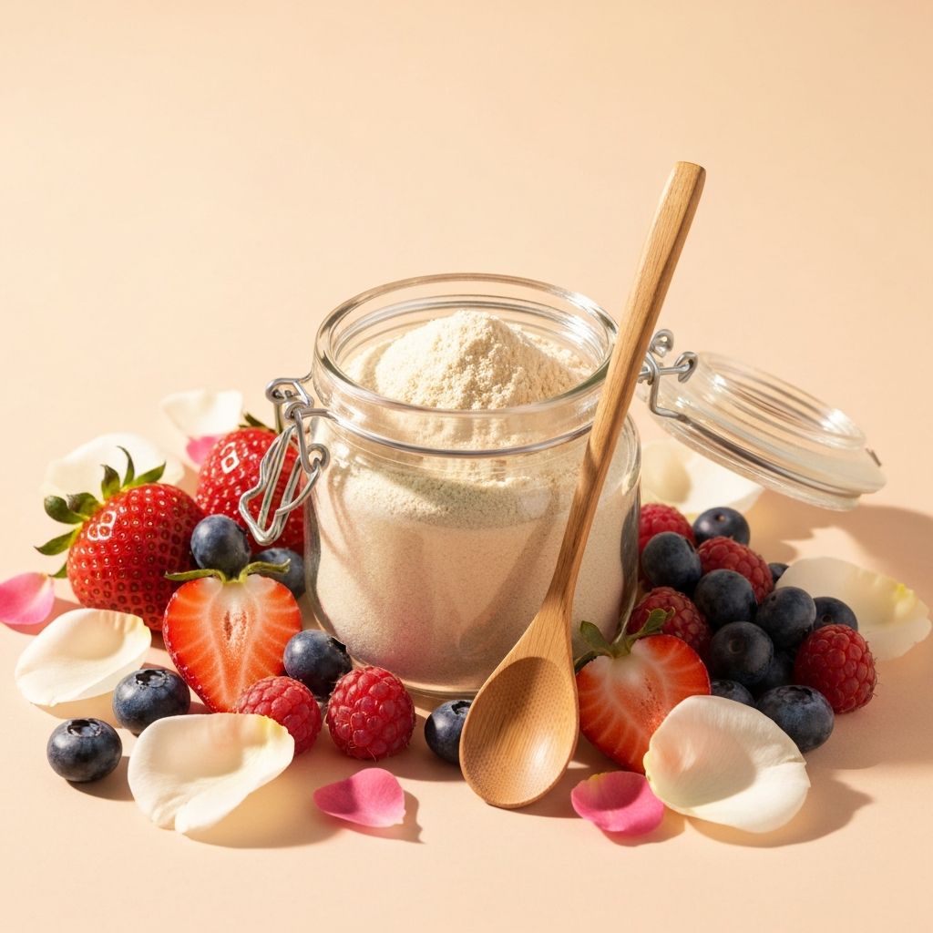 Kollagenpulver in eleganter Glasdose mit Beeren